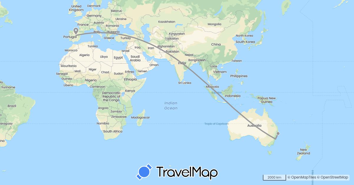 TravelMap itinerary: plane in Australia, Spain, Singapore (Asia, Europe, Oceania)